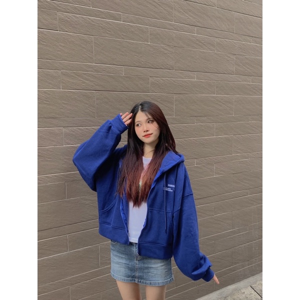 Áo Hoodie Zip BAMBILAB Form Ngắn màu Xanh Coban