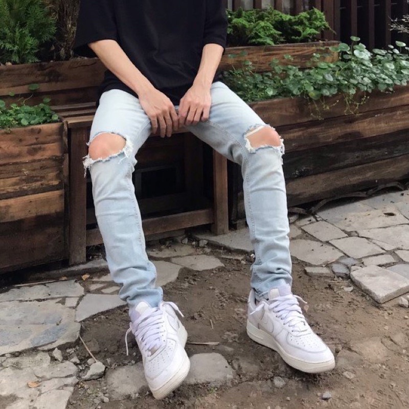 Quần jean nam rách gối màu xanh sáng streetwear, quần bò cao cấp, cá tính, form slim, chất vài mềm mịn, dáng chuẩn
