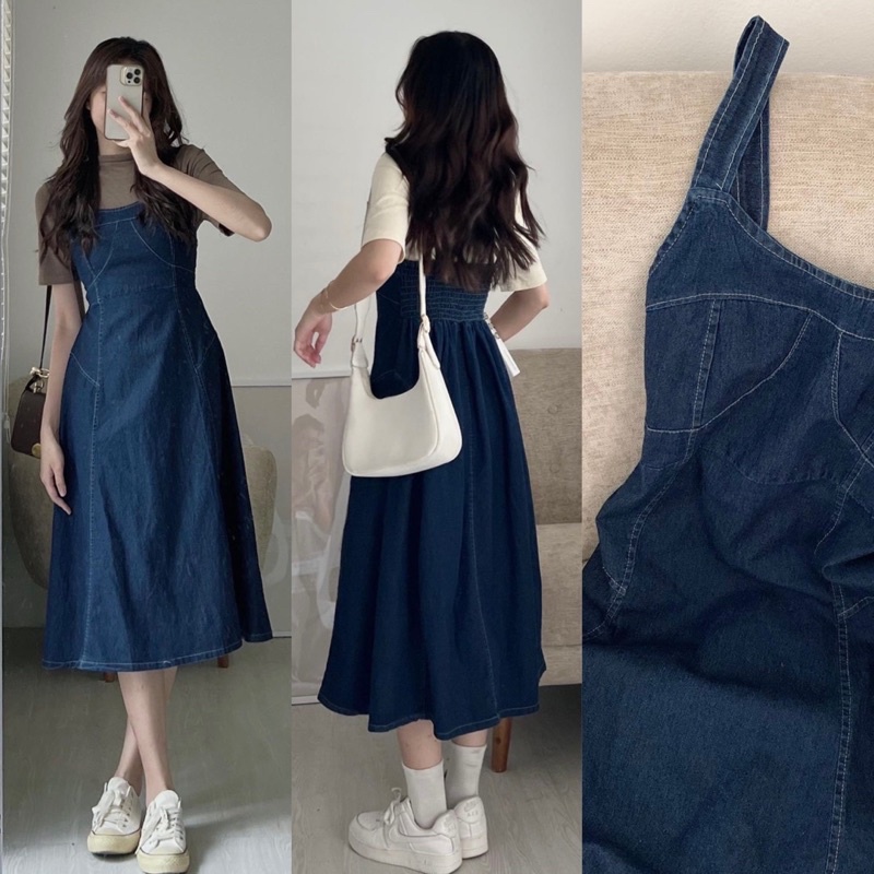 Váy 2Dây Jean Denim Dài Viền Chỉ Nhẹ Bo Chun Lưng