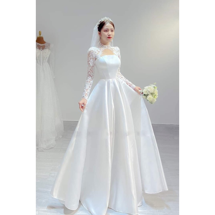 Váy chụp ảnh, váy chụp ảnh cưới kiểu dáng bó cá, tay thiết kế dịu dàng, sang chảnh, tiểu thư .