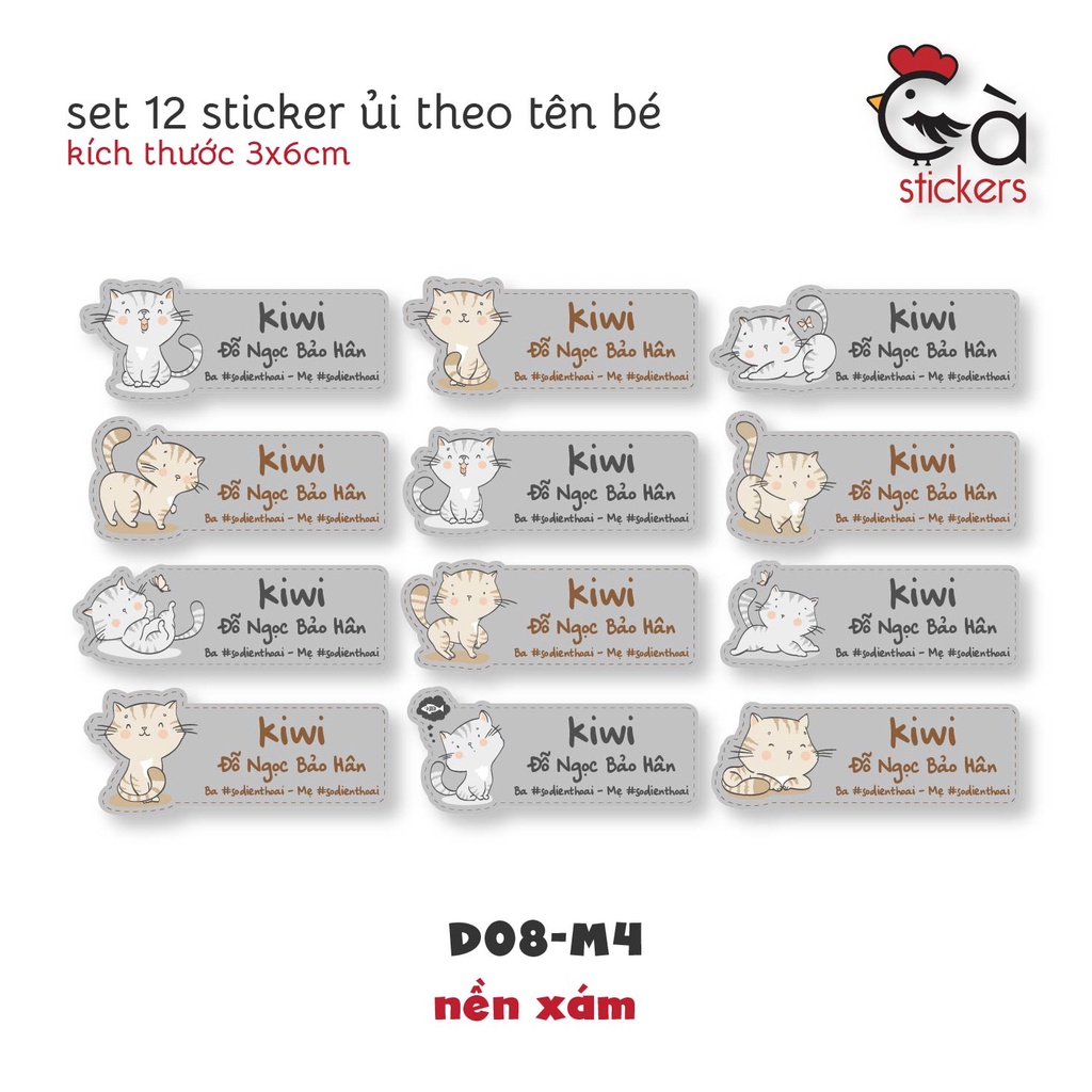 Sticker ủi áo in tên trẻ em GaStickers UT-D08- bộ 12 miếng kích thước 3 x 6 cm