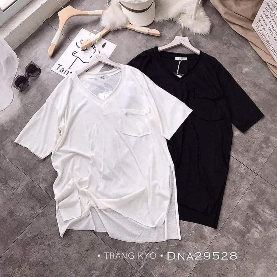 Áo cổ tim có túi form rộng xẻ tà cao thấp bigsize