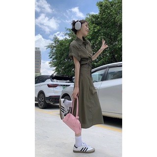 SET ÁO XANH CỔ SƠ MI CHÂN VÁY MIDI