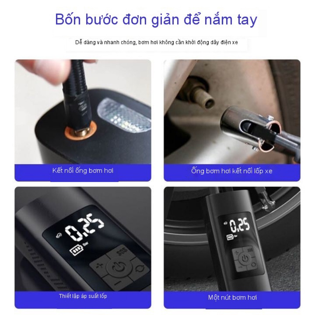 Bơm Lốp Ô Tô Mini Cầm Tay 7500mA Không Dây Sạc Pin Có Đèn Led Chiếu Sáng