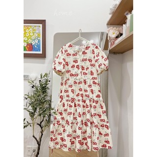 Đầm midi cổ V hoa đỏ (ảnh thật/ có sẵn)
