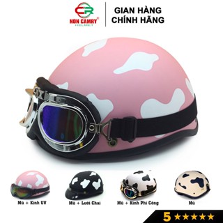 Nón bảo hiểm nửa đầu kính phi công chính hãng NON CAMRY, tem hình bò sữa nhiều màu cá tính