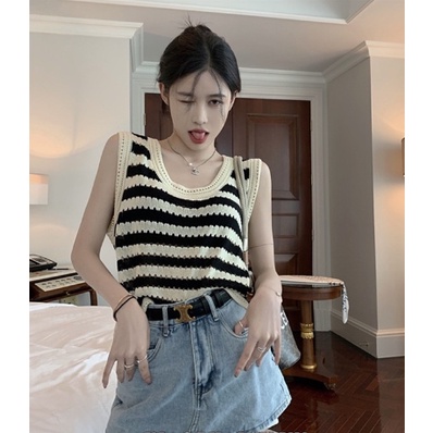 Áo Tanktop Dệt Kim Dáng Rộng Kẻ Sọc Cá Tính Thời Trang mùa hè Cho Nữ