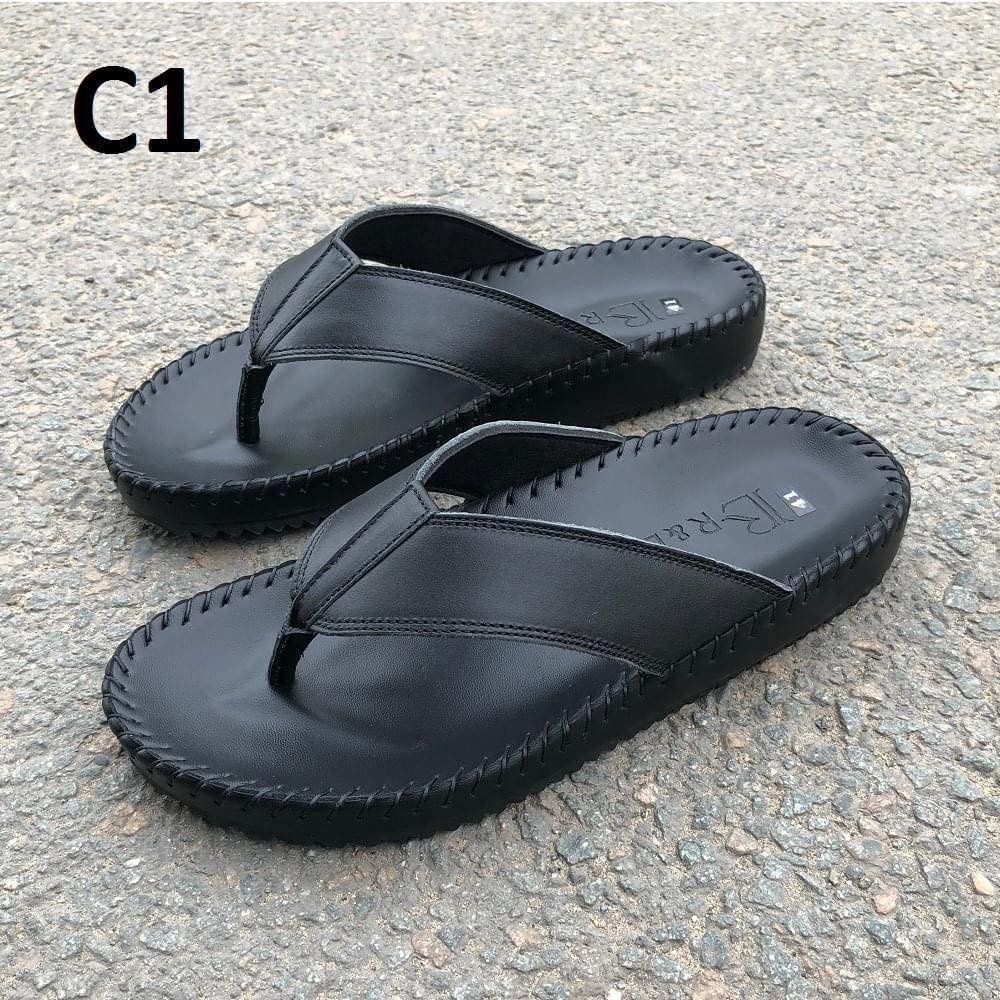 Dép kẹp Nam trơn da bò màu đen , C1