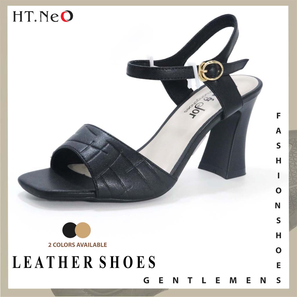 Sandal nữ cao gót 7cm HT.NeO , Giày quai hậu nữ da bò gót vuông chắc chân quai da dập vân họa tiết phong cách sang trọng