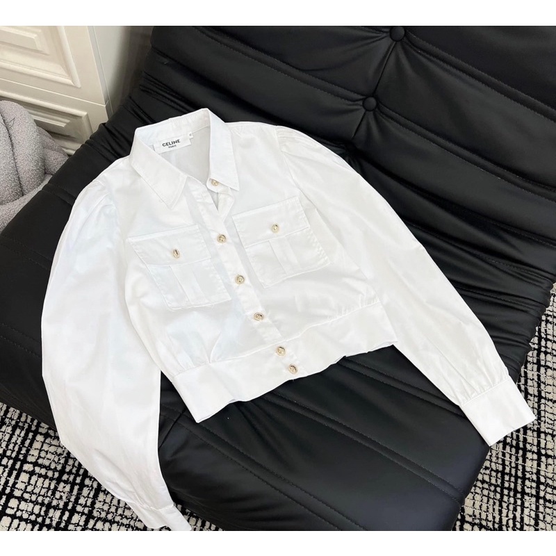 Sơ mi trắng tay dài dáng croptop vải thô mềm cao cấp nút đồng
