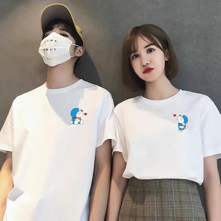 Áo đôi nam nữ, áo phông cặp in hình nhỏ xinh Doraemon - Khủng Long -  Cặp Đôi