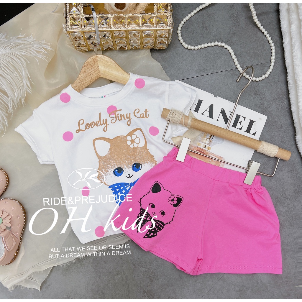 Đồ bộ bé gái , sét bộ quần áo chất cotton họa tiết mèo chấm bi tay rơi siêu xinh cho bé gái.