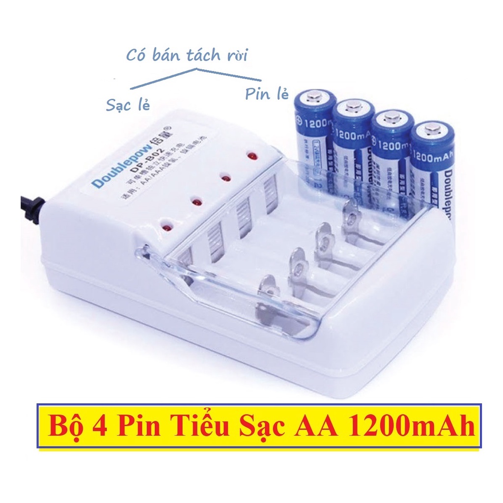 Bộ 4 Pin Tiểu Sạc AA 1200mAh, Sạc Pin