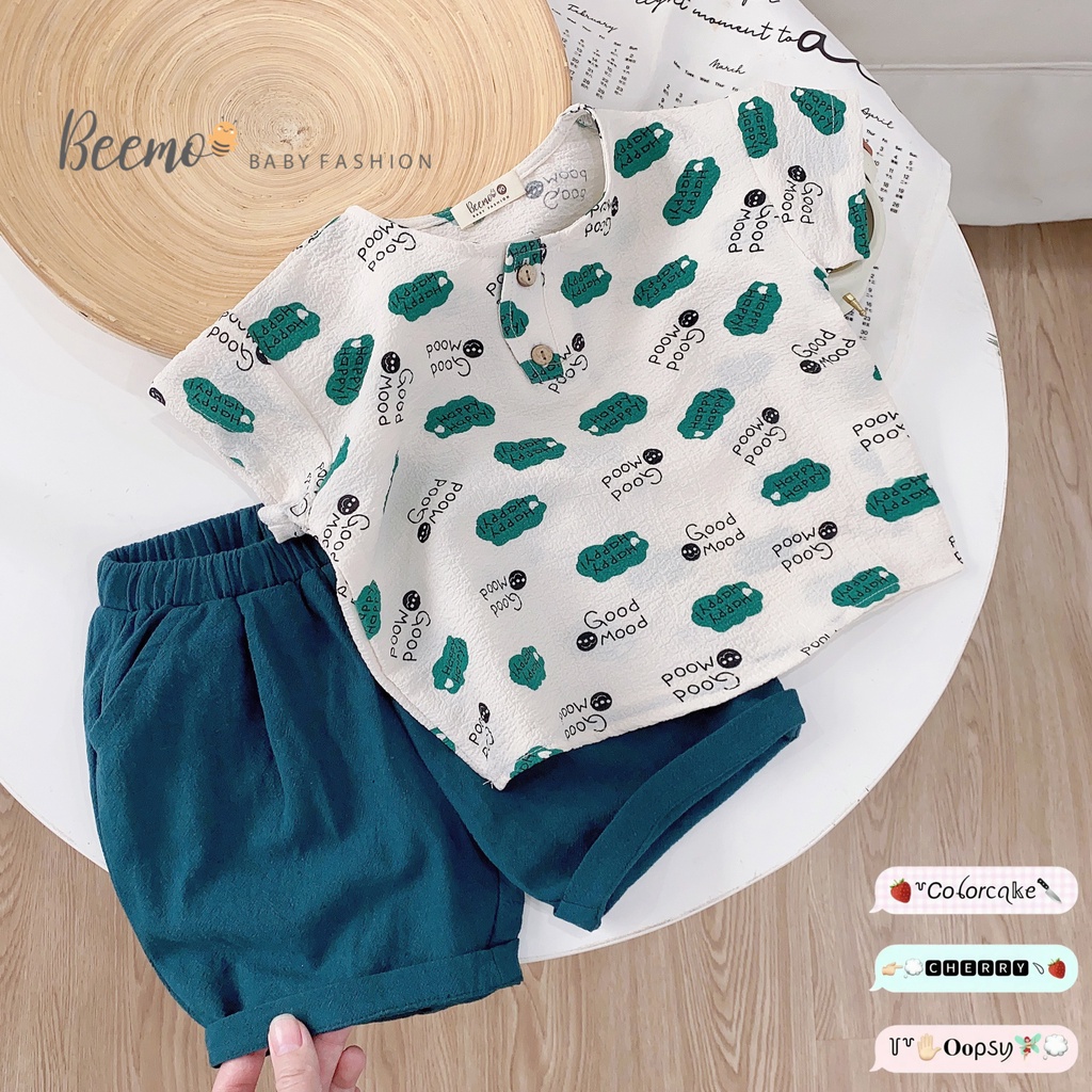 Set bộ quần áo Beemo cộc tay in chữ Good Mood chất liệu đũi xốp mềm mại mặc đi học đi chơi cho bé từ 1 - 7 tuổi 22144B