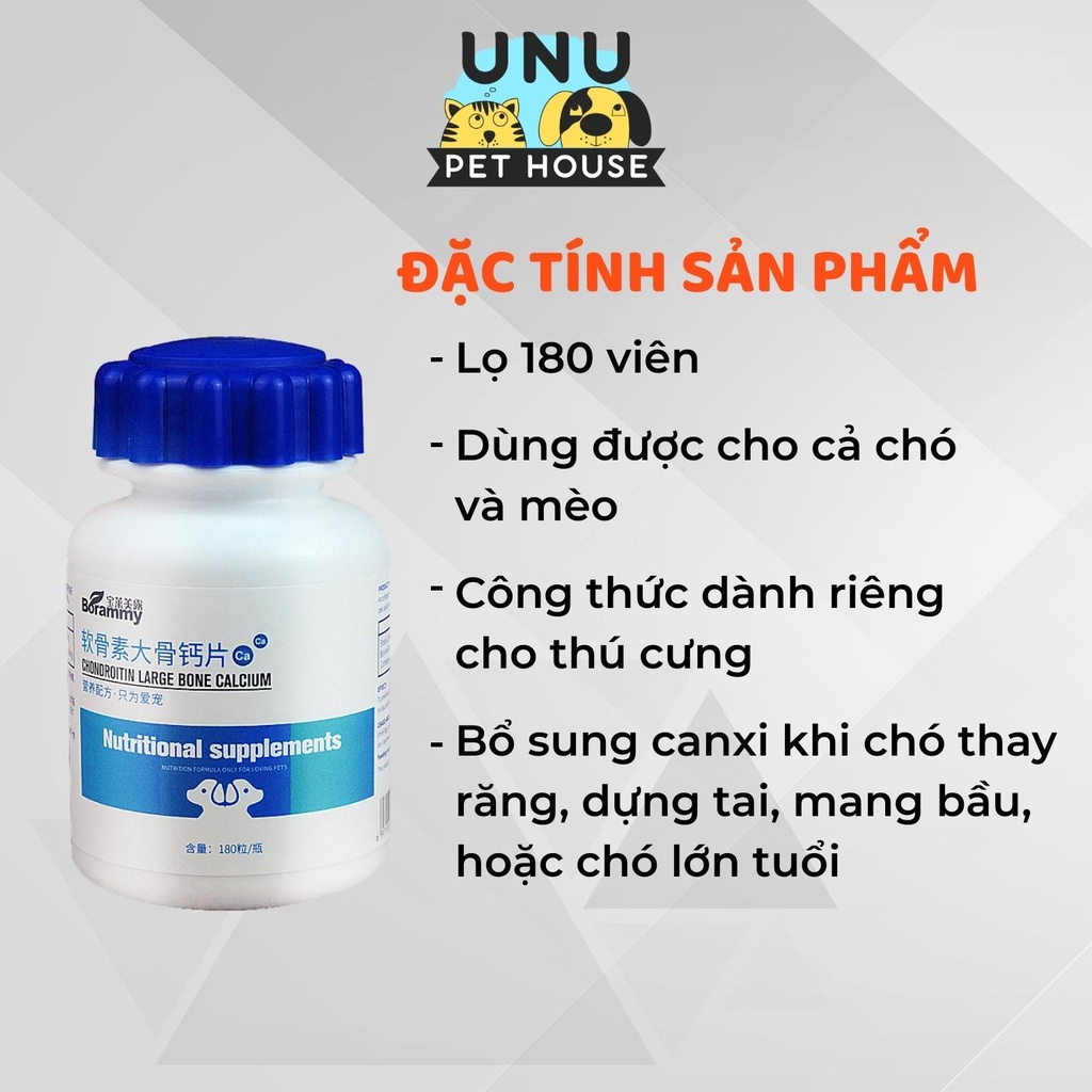 Canxi cho chó BORAMMY bổ sung canxi cho chó bầu, chó con, canxi cho mèo, lọ 180 viên - UNU Pet House