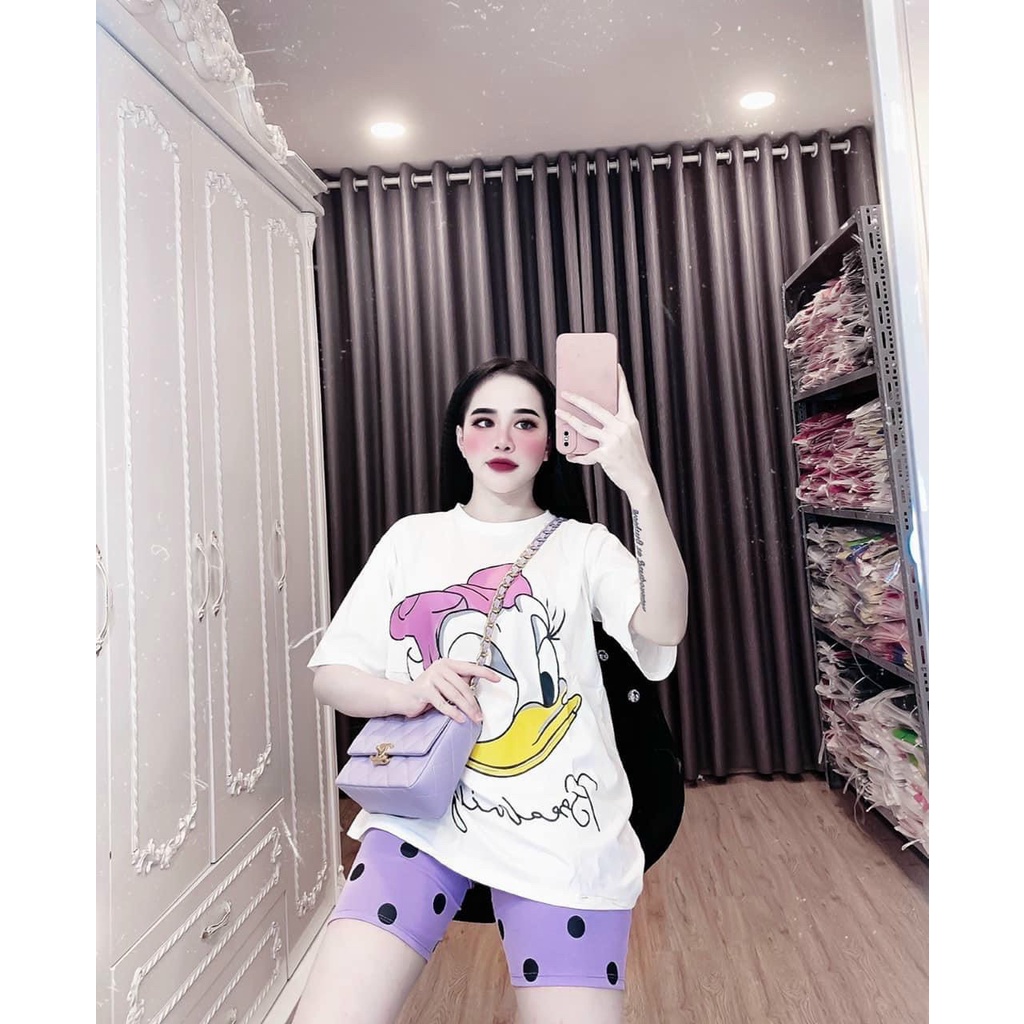 [Mẫu mới 2023] Bộ Thun Ngố Mặc Nhà, Set Áo Thun Tay Ngắn In Vịt Phối Quần Lững Ôm Họa Tiết Trơn Xinh Xắn