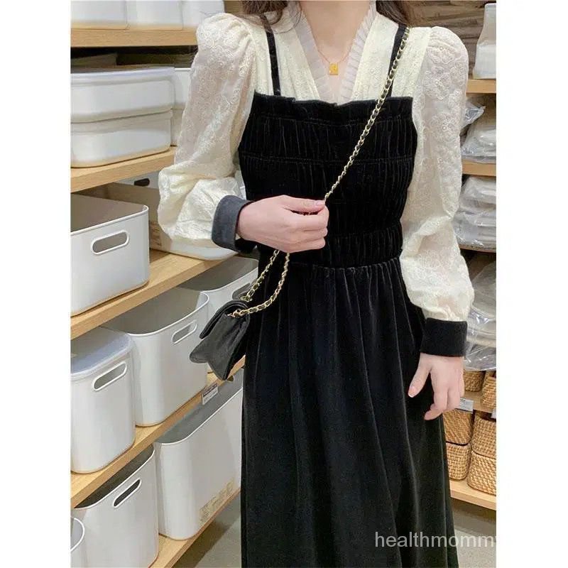 Trang Phục Cho Con Bú  Đi Chơi  Hai Mảnh Váy Liền Mùa Thu   Váy Cho Con Bú Qua Đầu Gối Ren Khâu Nhung