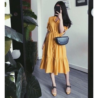Đầm vàng nghệ tầng nút bọc (kèm hình thật)
