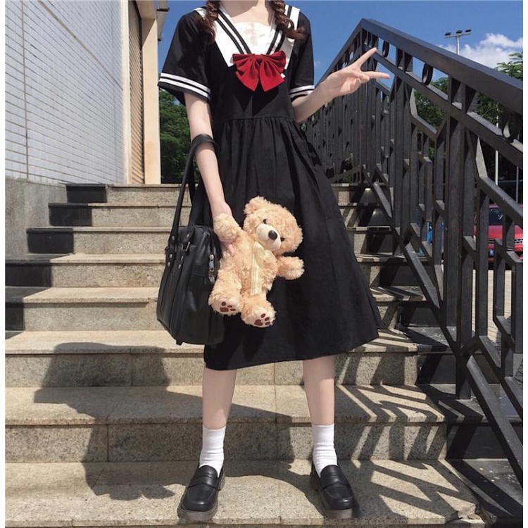 Happy-store ❤️ Chân váy chữ A dài vừa phải, cổ áo màu xanh hải quân, dài tay, ngọt ngào, phù hợp với tất cả các trường đ