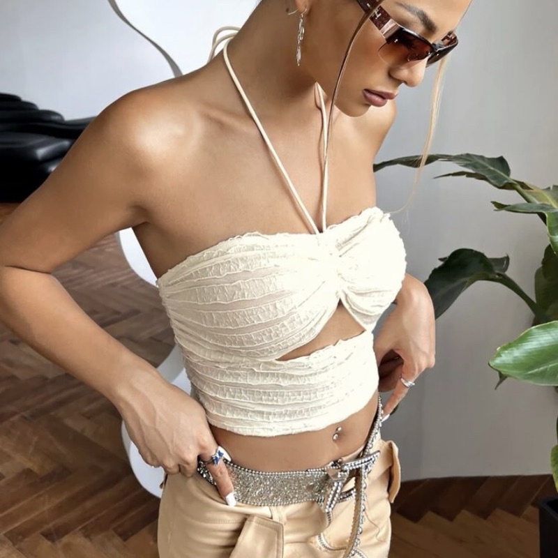 Áo 2 dây cột cổ croptop ôm kiểu trendy sexy phong cách y2k