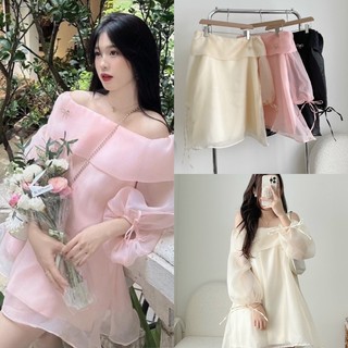 Áo tơ trễ vai đính nơ Hàn Quốc