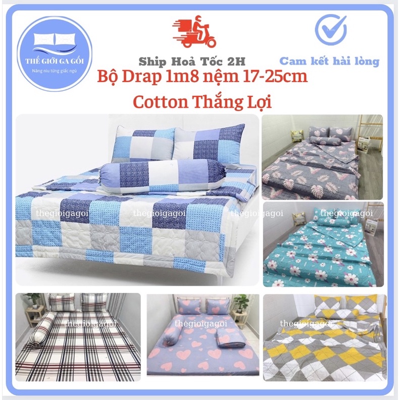 {Nệm cao 17-25cm} Bộ Drap Cotton Thắng lợi hàng chuẩn có in Logo ,( 1ga + 3 vỏ gối)