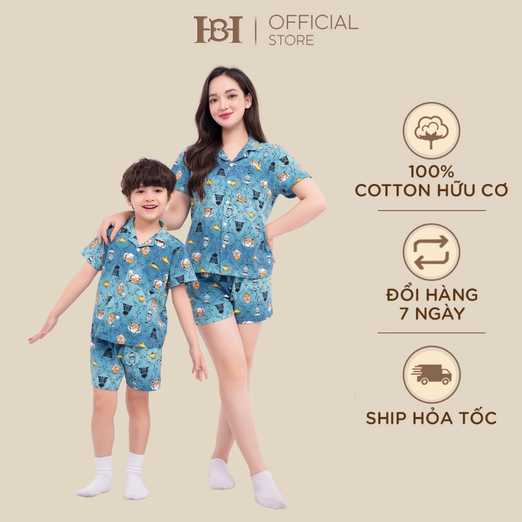 Bộ quần áo pyjama cộc tay Hapiibabii Cotton điều hòa nhập khẩu cho mẹ bé mặc nhà mùa hè họa tiết alibaba (1-10 Tuổi)