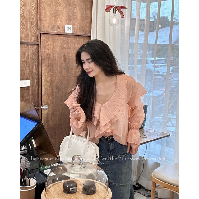 Áo tơ đũi viền bèo tay bo the.sweaterweather TSW (ảnh thật)