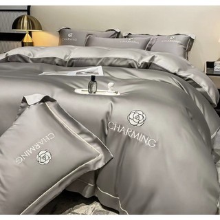 Sale bộ chăn ga gối lụa charming thêu hoa trà gồm 1 vỏ chăn 1 ga 2 vỏ gối