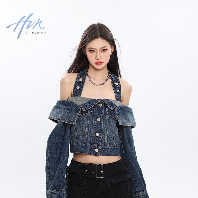 Áo Khoác Denim Dáng Rộng Hở Vai Thời Trang Mùa Xuân 2023 Phong Cách Mỹ Hàng Mới Dành Cho Bạn Nữ