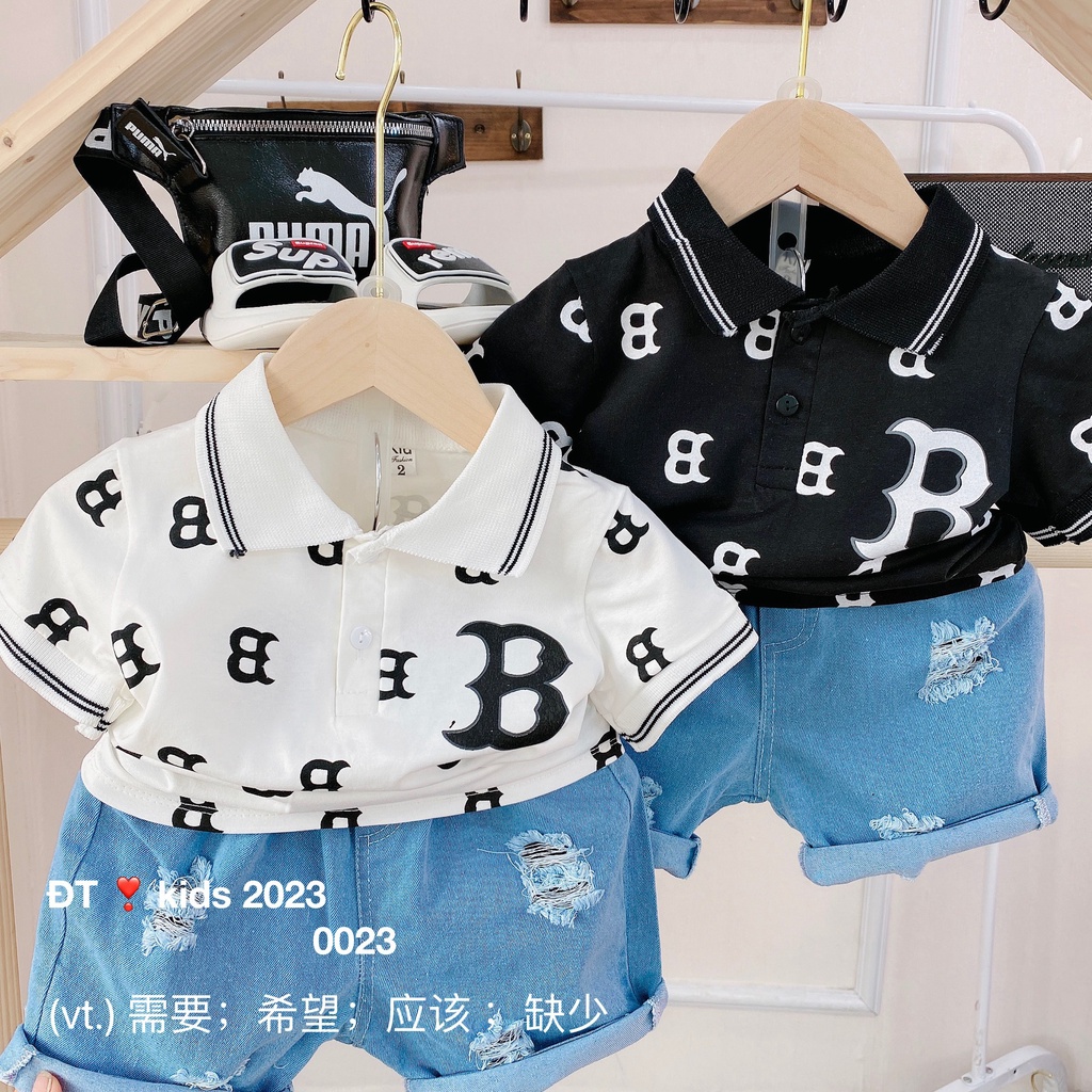 Bộ Cộc Tay Bé Trai, Bộ Polo Cổ Trụ Chữ B Quần Jean Xịn Sò Cho Bé Trai Từ 8 - 20kg