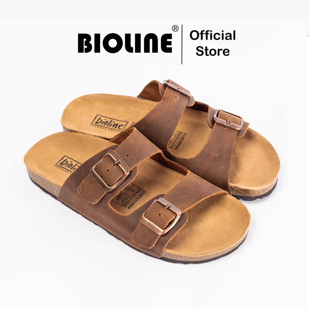 ( Mẫu Da Thật ) D01 - Dép Birken Đế Trấu BIOLINE Official Thiết Kế Unisex Hai Quai Ngang Có Khóa Da Bò