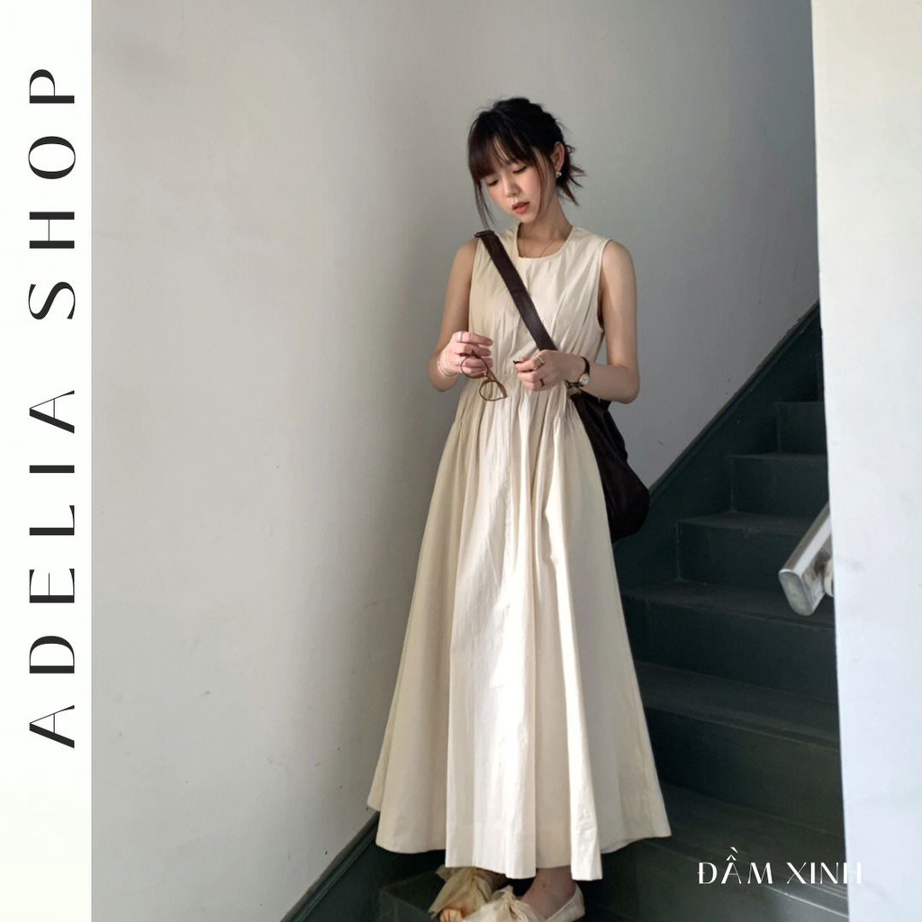 「ADELIA」Đầm Babydoll Không Tay Màu Be Dáng Dài Xòe Cổ Tròn Thắt Chun Eo Chất Thô Mát 2 Lớp Dễ Thương