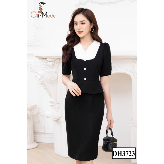 Đầm công sở nữ thiết kế cao cấp CITI MODE dáng peplum ôm cổ bèo trắng cúc trang trí DH3723 (2HAND TUYỂN)