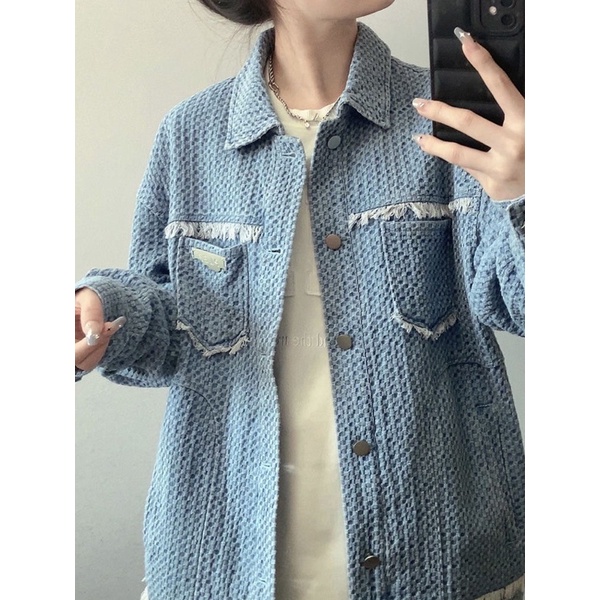 Áo khoác Denim dáng rộng màu xanh mint thêu dệt kim 2023