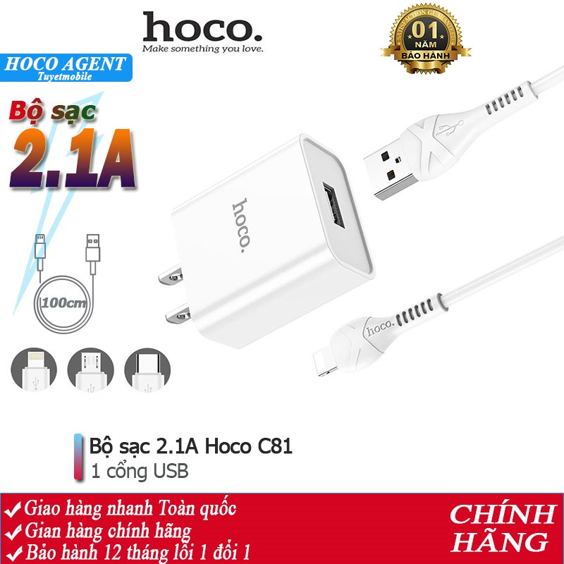 Bộ sạc cáp Hoco C81 cổng USB 2.1A dây dài 1m