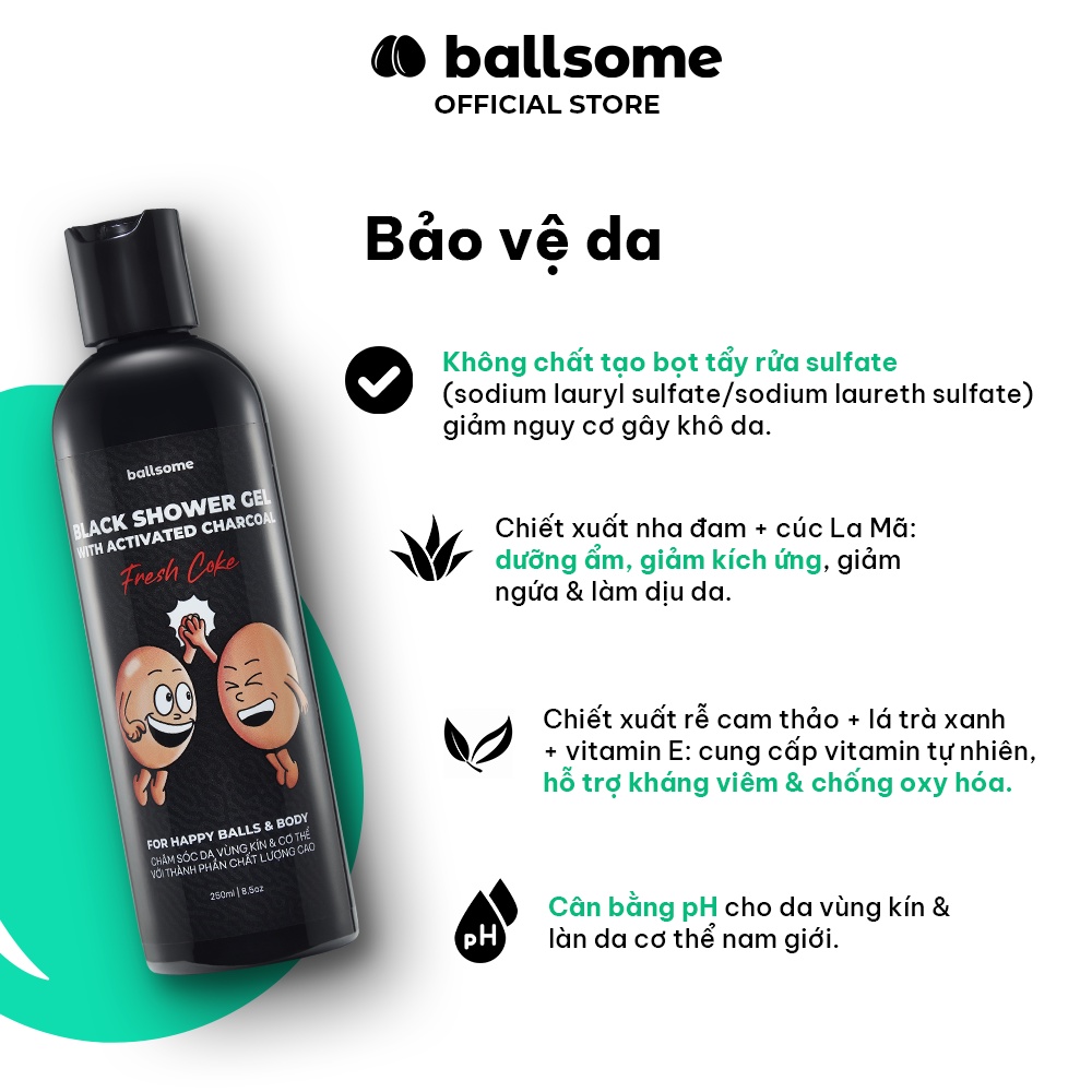 Gel Tắm Than Hoạt Tính Ballsome Sạch Cơ Thể & Khử Mùi Vùng Kín Nam Giới Hiệu Quả 250ml