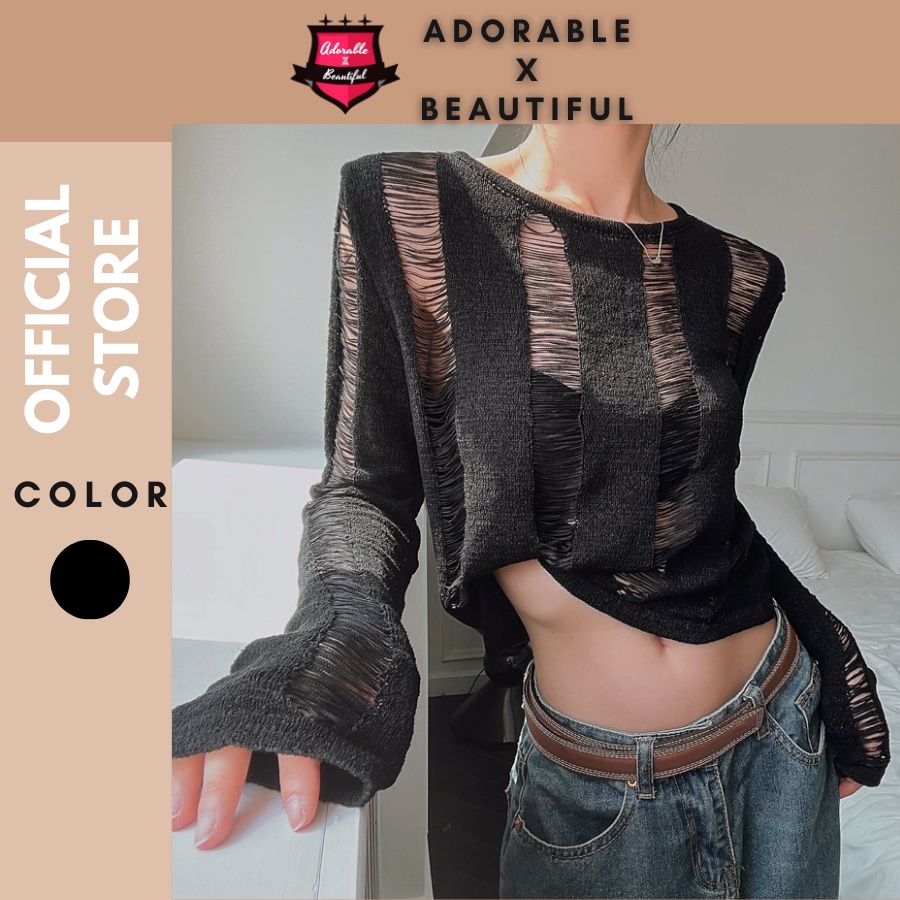 Áo Len Tay Dài Đan Dây Dáng Dài Xuyên Thấu, Áo Dệt Kim Đen Croptop Họa Tiết Rách Ulzzang [AdorablexBeautiful]