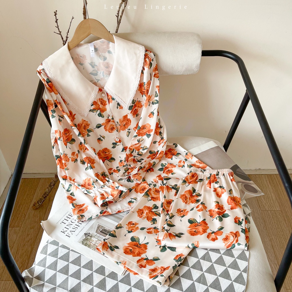PYJAMAS LỤA CAO CẤP TAY DÀI QUẦN DÀI CỔ CÁCH ĐIỆU HỌA TIẾT HOA XINH XẮN LEULEU.LINGERIE