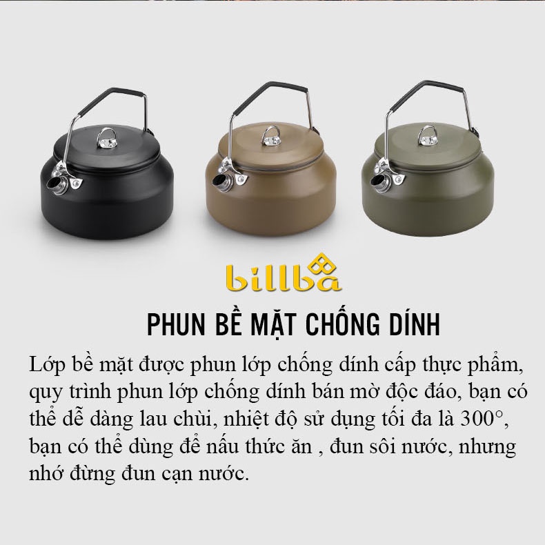 Ấm nấu nước 1 lít pha trà hoặc cà phê bằng inox 304 nhỏ gọn dùng cho đi du lịch dã ngoại cắm trại BB4320 - BillBa Campin