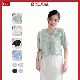 Áo sơ mi kiểu nữ VMSTYLE tay ngắn cổ sen phối túi nắp 10384 ASU00176