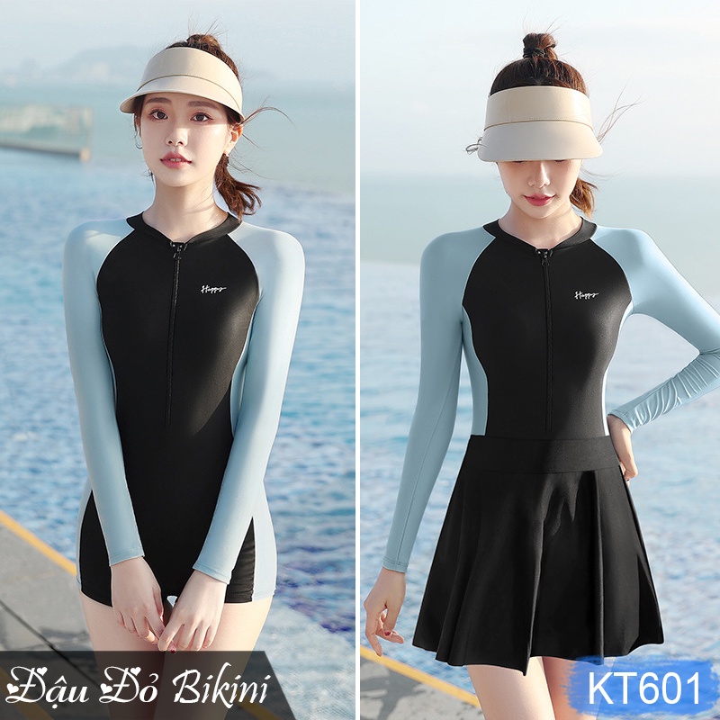 Đồ bơi nữ liền thân quần short áo cộc tay & dài tay, có kèm chân váy lẻ, áo sẵn đệm mút, dáng đùi trẻ trung đẹp | KT601