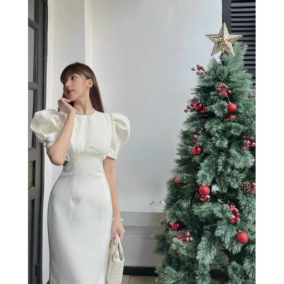 Đầm nữ đi tiệc dáng dài, đầm tiểu thư tay phồng cổ tròn khoét eo dài qua gối,đầm body tay bồng đơn giản sang trọng