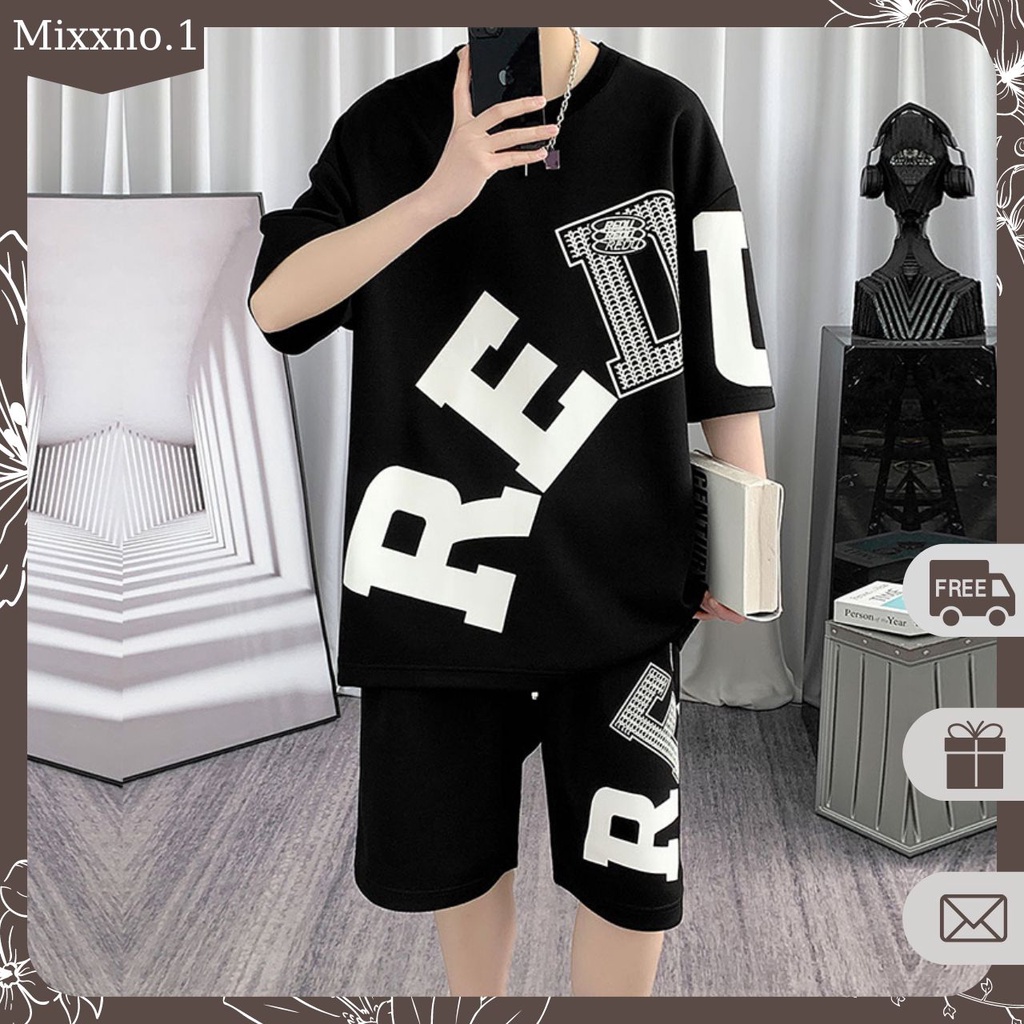 Bộ Đồ Nam Mùa Hè Áo Thun Tay Ngắn Cổ Tròn Kèm Quần Short Hình In Lớn REDU Thời Trang Mixxno.1 QA NAM 135