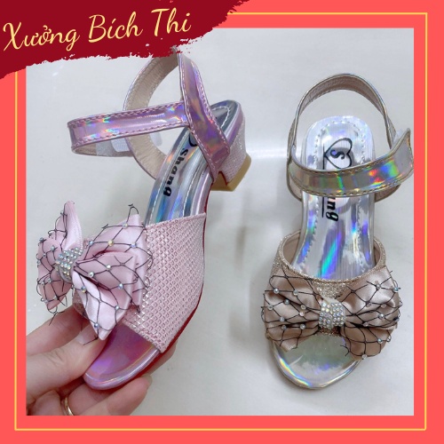 Dép Sandal cao gót cho bé gái, dép quai hậu, dép xăng đan cao 3cm đính nơ công chúa DS2D