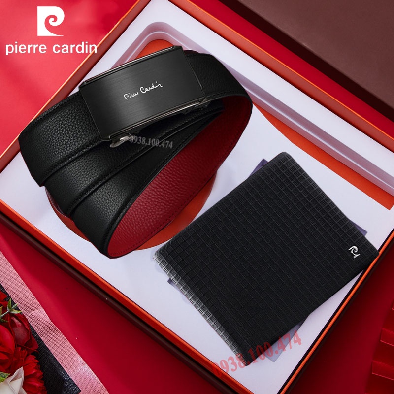 Combo thắt lưng ví da nam Pierre Cardin chính hãng khóa kéo rút tự động da bò cao cấp