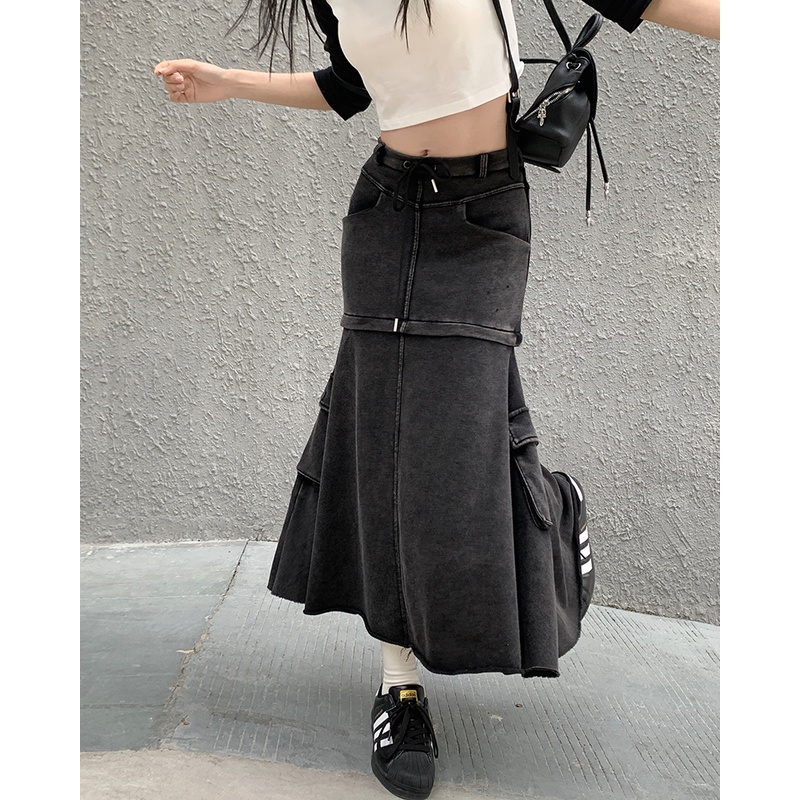 Chân Váy Denim Dáng Chữ a Phối Dây Rút Có Thể Tháo Rời Phong Cách Retro Mỹ Cho Nữ