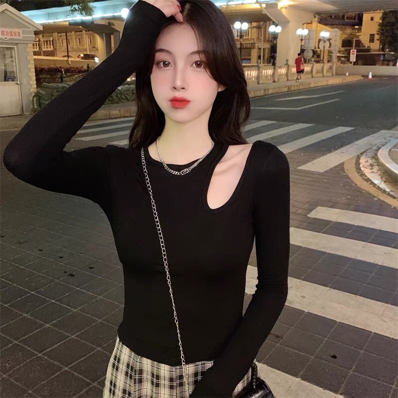 Áo kiểu thun croptop tay dài cổ hở vai búp bê cho nữ