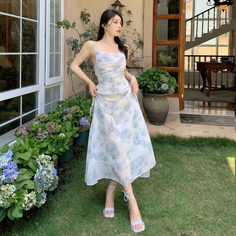 Đầm maxi hoa xanh tiểu thư nhẹ nhàng