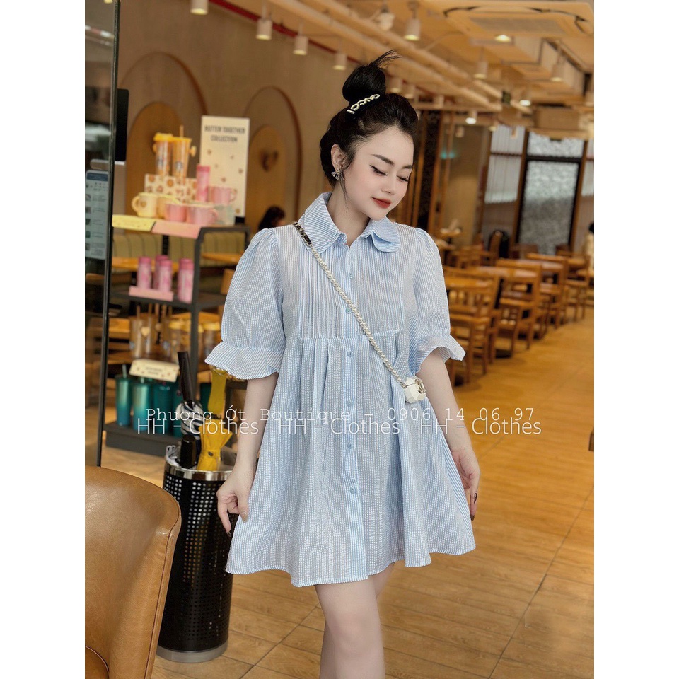Váy Baby Tiểu Thư Cổ Sen Xanh Kẻ, Dáng Basic, Freesize Dưới 60kg
